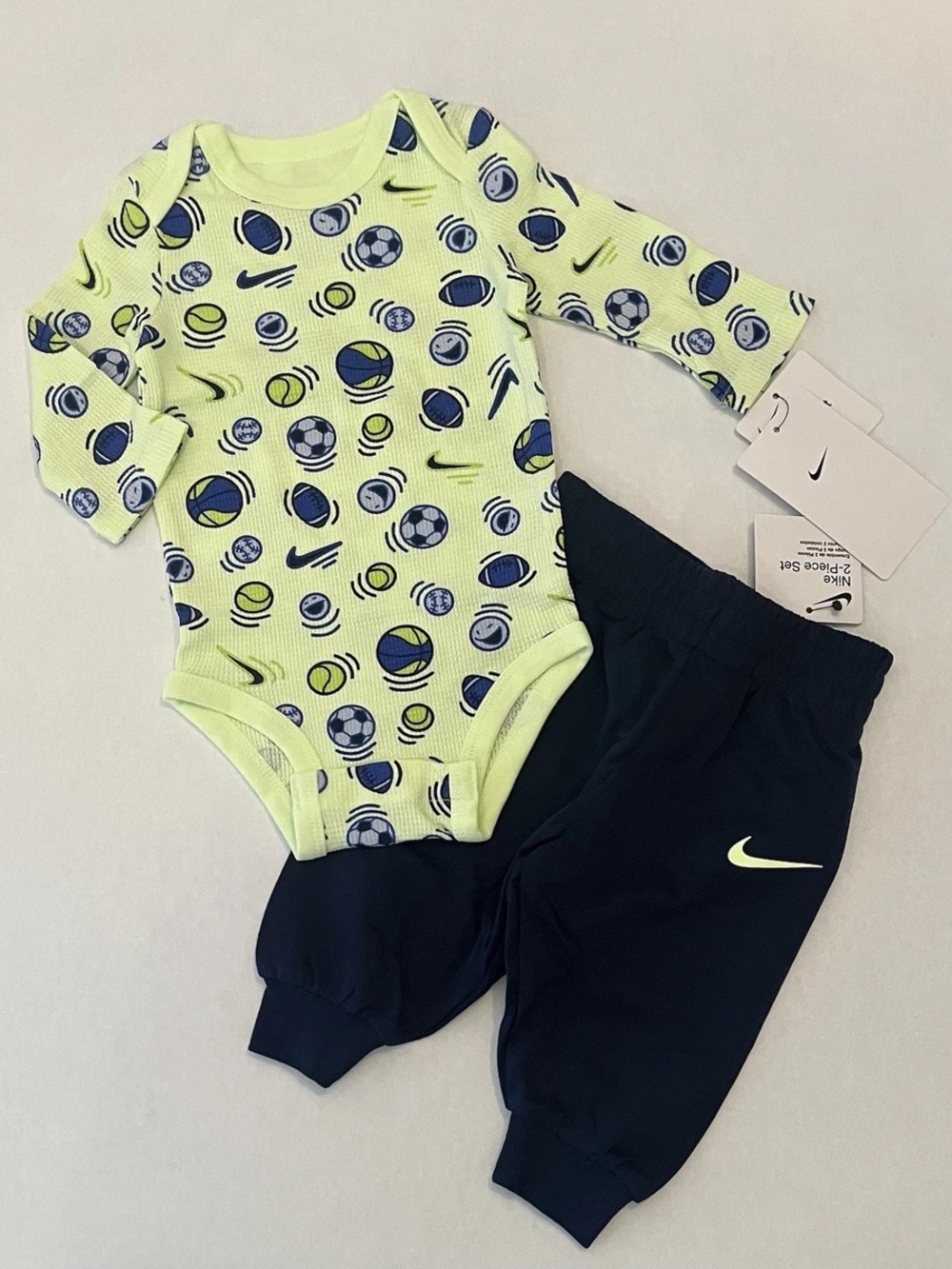 Nike Baby Green & Navy Sports-Print One-Piece and Pants Set NWT